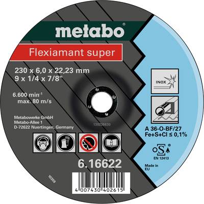 'Metabo Flexiamant super' rezná kotúč pre Inox, rozmery 230 x 6,0 x 22,23 mm, max. otáčky 6600 min-1, vyrobené v Nemecku.