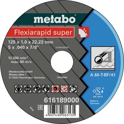 'Metabo Flexiarapid super', rezný kotúč na oceľ, 125 x 1,0 x 22,23 mm, max. 12.200 ot./min, max. 80 m/s, A 60-T-BF/41, Vyrobené v Nemecku.
