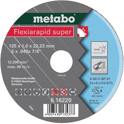 Brúsny kotúč Metabo 'Flexiarapid super', priemer 125 mm, hrúbka 1 mm, na kovoobrábanie, max. 80 m/s, vyrobené v Nemecku.