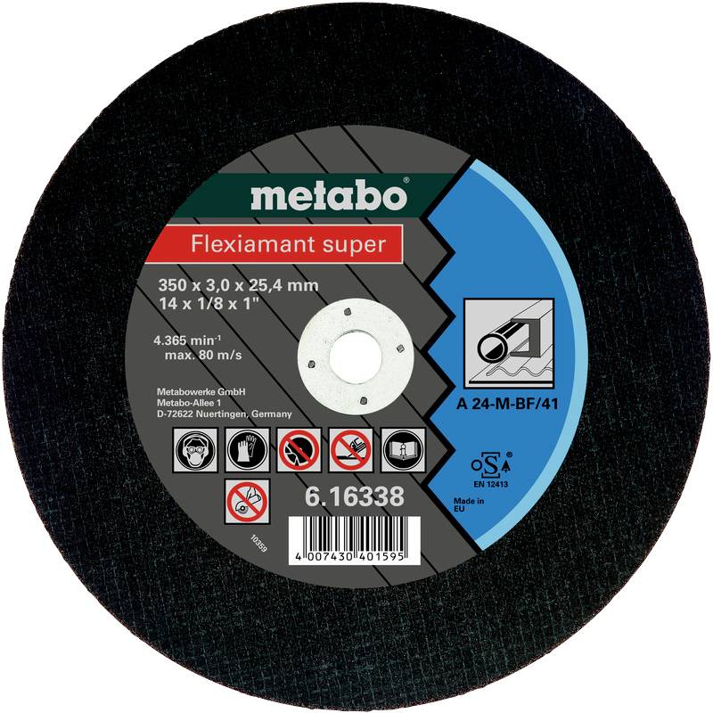 Obrázok znázorňuje brúsny kotúč značky Metabo, model 'Flexiamant super', s rozmermi 350 x 3,0 x 25,4 mm.