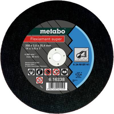 Obrázok znázorňuje brúsny kotúč značky Metabo, model 'Flexiamant super', s rozmermi 350 x 3,0 x 25,4 mm.