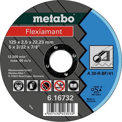 Popis kovovej brúsnej dosky: 'metabo Flexiamant', veľkosť 125 x 2,5 x 22,23 mm, vhodná na opracovanie kovu.