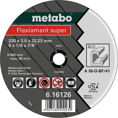 'Metabo Flexiamant super', rezný kotúč typ A 30-O-BF/41, priemer 230 mm, hrúbka 3,0 mm. Max. 6600 ot./min, max. 80 m/s.