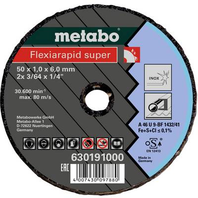 Brúsny kotúč s označením 'Flexiarapid super', 50x1,0x6,0 mm. Vhodný pre nerezovú oceľ. Výrobca: Metabowerke GmbH, 'Vyrobené v Nemecku'.