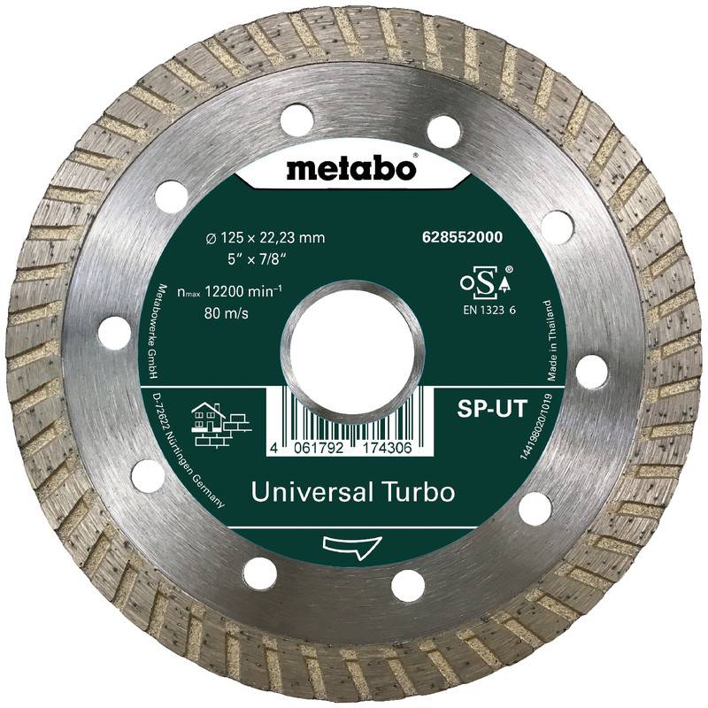 Metabo univerzálny Turbo diamantový rezný kotúč, označený 125 x 22,23 mm, na rezanie kameňa/betónu.