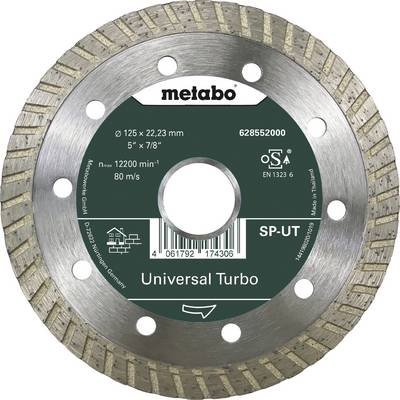 'Metabo Universal Turbo' diamantový rezací kotúč na obkladačky a betón, priemer 125 mm, otvor 22,23 mm, maximálna rýchlosť 80 m/s.