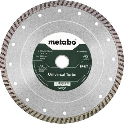 Kovový kotúč s nápisom 'Universal Turbo' od Metabo. Veľkosť: 230 mm priemer. Strieborná a zelená farba, vhodný pre vysoké otáčky.