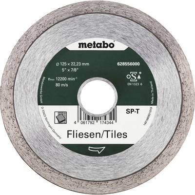 Okrúhly rezný kotúč Metabo na obkladačky so špecifikáciami: Ø 125 x 22,23 mm, 5" x 7/8", 12200 ot./min, 80 m/s. Zodpovedá EN 13236.