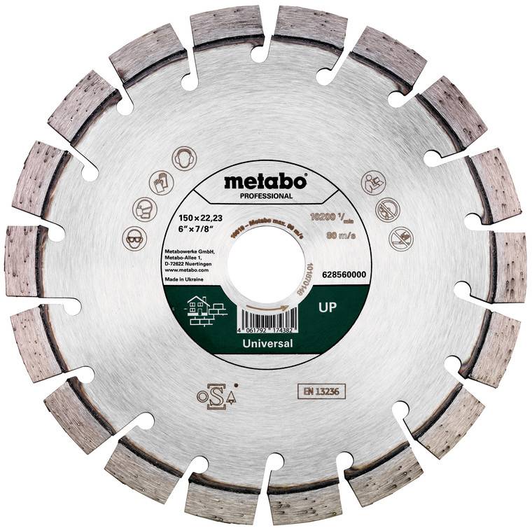 Okrúhla profesionálna diamantová kotúč Metabo so segmentovanou reznou hranou, označená ako „Univerzálna" a veľkosť 150 x 22,23 mm / 6 x 7/8 palca.