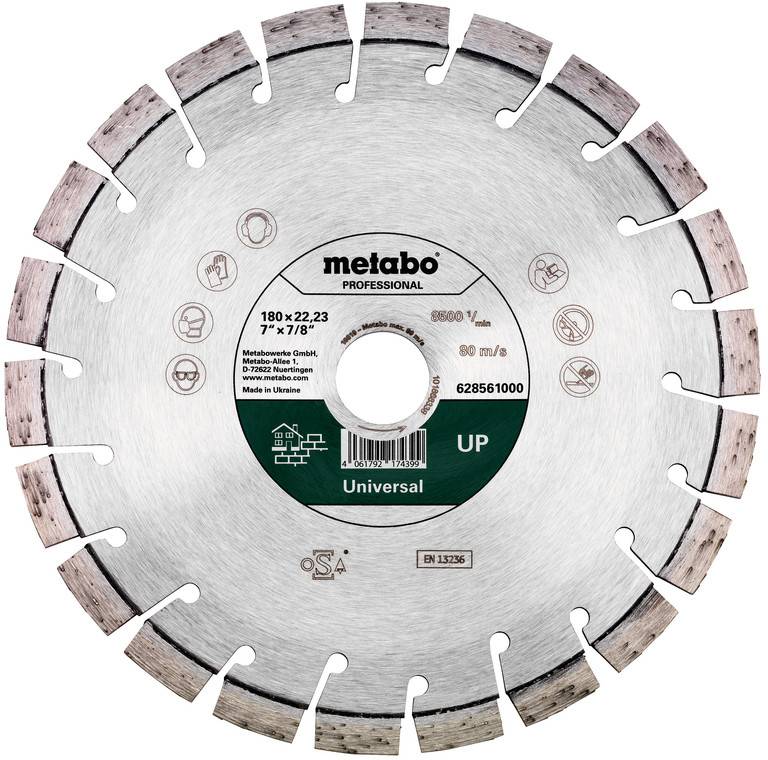 Okružná profesionálna diamantová píla značky Metabo s označením „Universal" s rozmermi 180 x 22,23 mm a segmentovanou reznou hranou.
