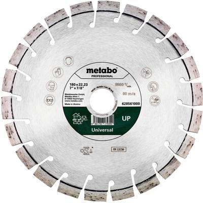 Diamantový rezací kotúč Metabo, 180 x 22,23 mm, vhodný pre kamenárske a betónové práce. Označenie 'Univerzál', vyrobené na Ukrajine.
