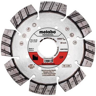 Okrúhla profesionálna segmentovaná diamantová rezacia čepeľ Metabo na rezanie betónu, označená 115 x 22,23 mm, Beton/Concrete.