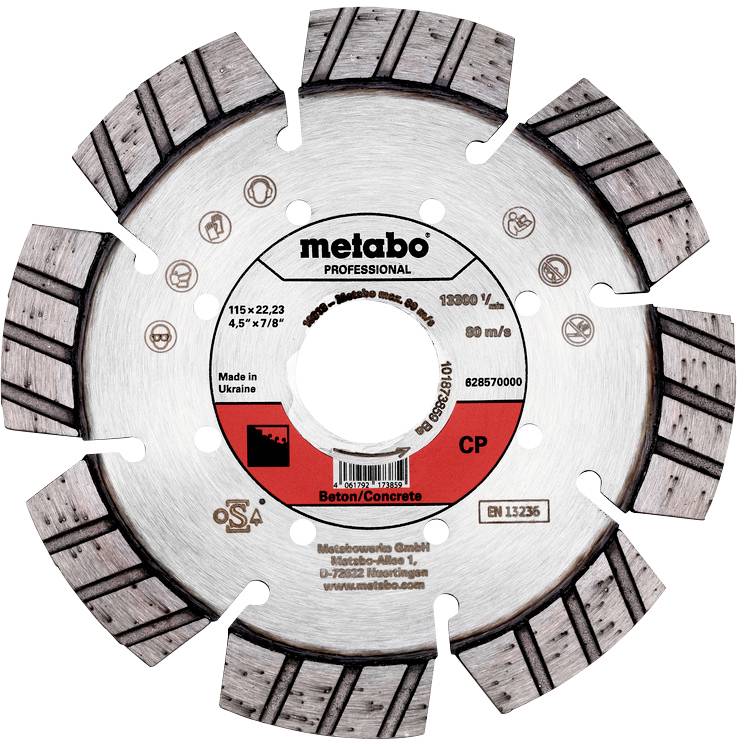 Diamantový rezný kotúč 'Metabo Professional' na betón, max. 13 300 otáčok/min, 115x22,23 mm, vyrobený na Ukrajine.