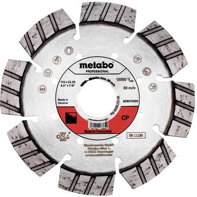Diamantový rezný kotúč 'Metabo Professional' na betón, max. 13 300 otáčok/min, 115x22,23 mm, vyrobený na Ukrajine.