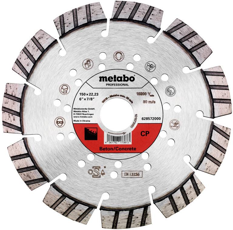 Diamantový kotúč Metabo na rezanie betónu, označený „Beton/Concrete" a 150 x 22,23 mm, zobrazený zpredu so segmentovanou reznou hranou.