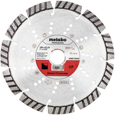 Diamantový rezný kotúč od Metabo, vhodný pre betón, priemer 180 mm, s vetracími štrbinami pre chladenie. Maximálna rýchlosť 80 m/s.