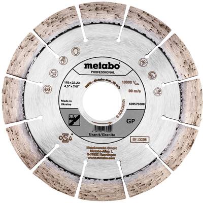 Okrúhly rezný kotúč Metabo s nápisom 'Granit/Granite'. Priemer 115 mm, maximálne otáčky 13 300 za minútu, vyrobený na Ukrajine.