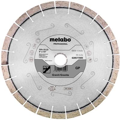 Pílový kotúč 'Metabo Professional' na žulu, priemer 230 mm, otvor 22,23 mm, so segmentmi pre presné rezanie.