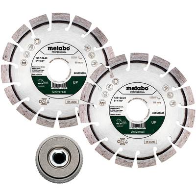 Dve diamantové rezné kotúče Metabo s priemerom 125 mm, vhodné na univerzálne použitie, a príslušná príruba.