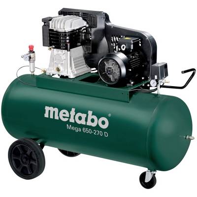 Zelený Metabo kompresor, model Mega 650-270 D, s čiernym motorom a kolesami. Vhodný pre priemyselné použitie.