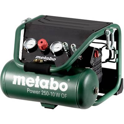 Prenosný zelený kompresor s dvomi tlakovými indikátormi a červenými ventilmi, označený štítkom 'metabo Power 250-10 W OF'.