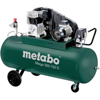 Veľký zelený vzduchový kompresor s nápisom 'metabo Mega 350-150 D', vybavený kolieskami a rukoväťami pre ľahkú prepravu.