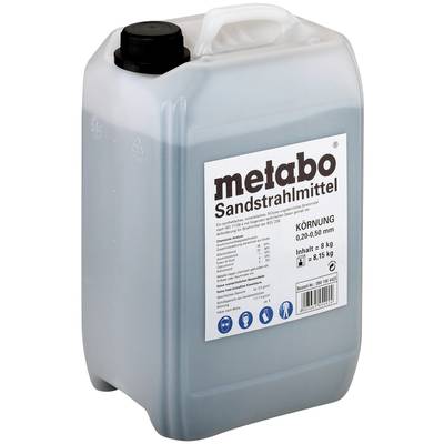 Plastový kanister s pieskovacím médiom od Metabo. Označenie uvádza 'Zrnitosť: 0,20-0,50 mm', obsah 5 kg = 8,15 kg.