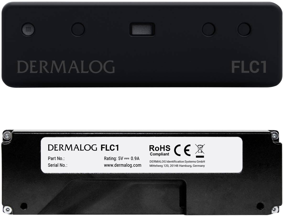 Senzorické zariadenie s tromi šošovkami, značka 'DERMALOG', model 'FLC1'. Detaily na zadnej strane zobrazujú číslo dielu, CE označenie a informácie o výrobcovi.