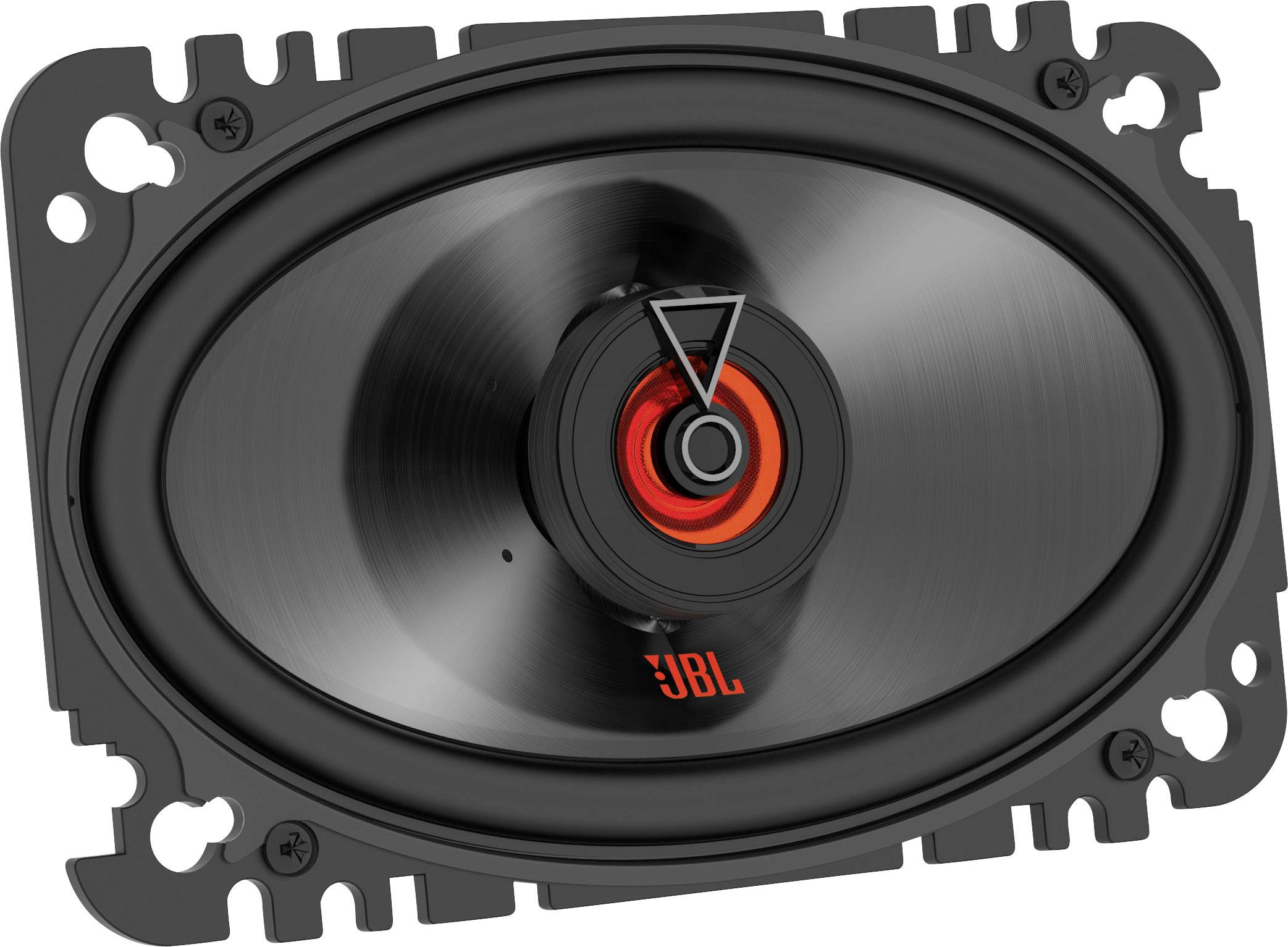 Čierny oválny reproduktor s červeným akcentom a logom 'JBL' uprostred. Vhodný pre audiovýstupy s vysokou kvalitou zvuku.