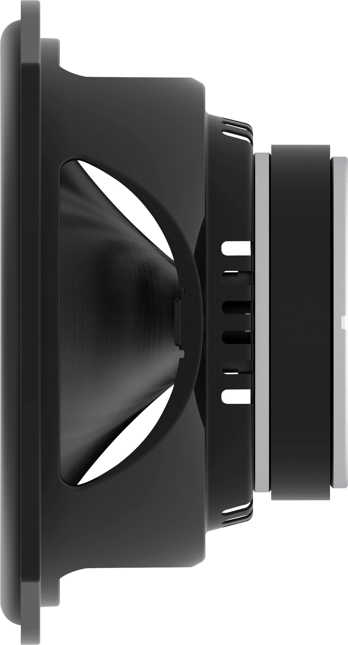 Čierno-biely reproduktor z bočného pohľadu, ukazujúci membránu a magnet.