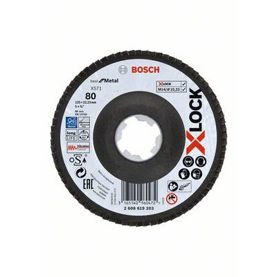 Brúsny kotúč Bosch, typ X-Lock. Vhodný na obrábanie kovu, veľkosť 125x22,23 mm, zrnitosť 80.