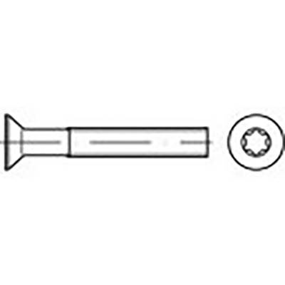 Torx skrutka so zápustnou hlavou, pohľad zhora ukazuje hviezdicový výrez pre Torx nástroje, pohľad z boku ukazuje hladkú drieku a zápustnú hlavicu.