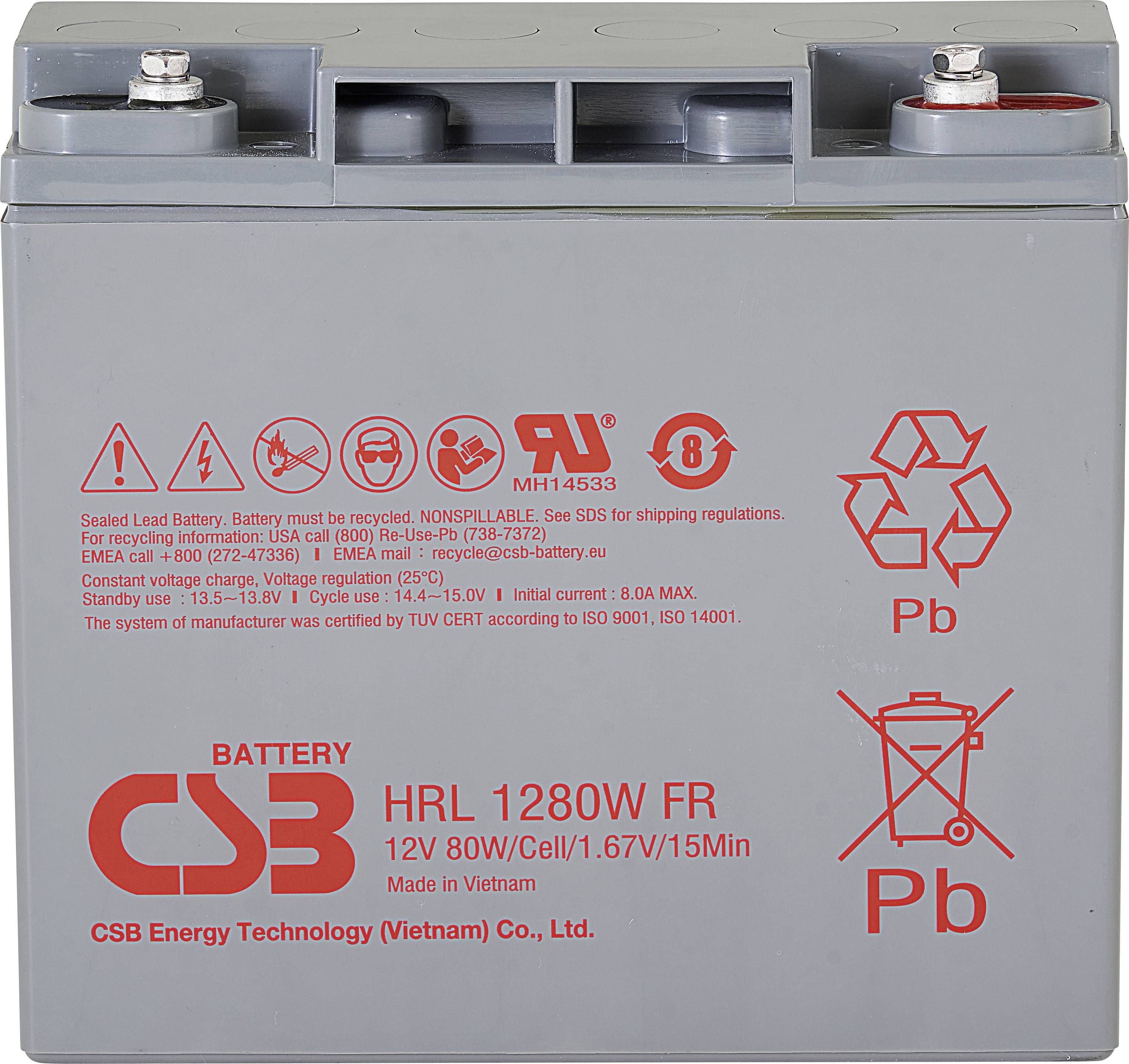 Sivá batéria s červenými nápismi. Obsahuje výstražné symboly a technické špecifikácie ako '12V 80W'. Výrobca: CSB Energy Technology Vietnam.