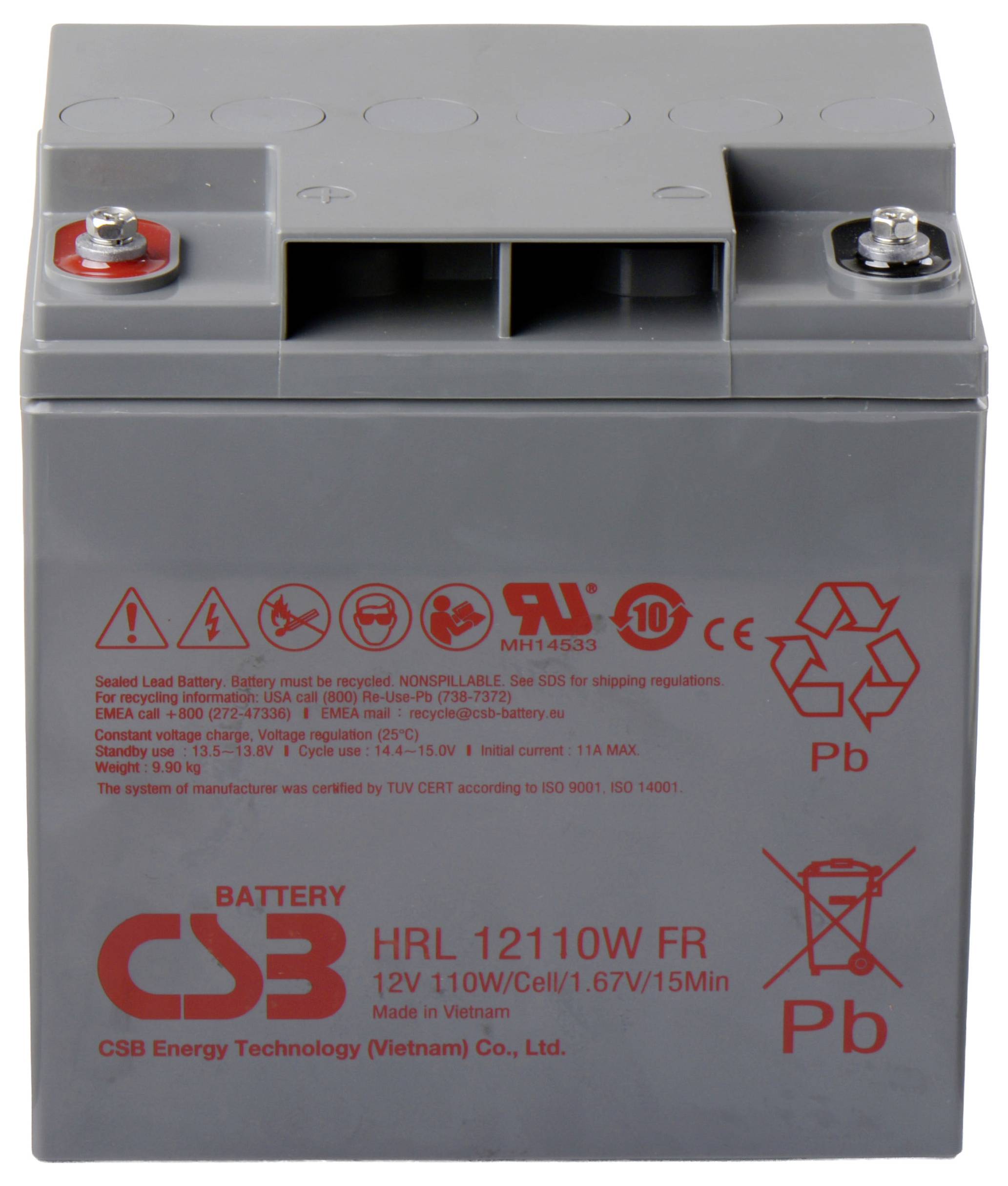 Sivá CSB HRL 12110W FR batéria s červenými a čiernymi terminálmi na vrchu a bezpečnostnými symbolmi vpredu, ktorá indikuje 12V, 110W.