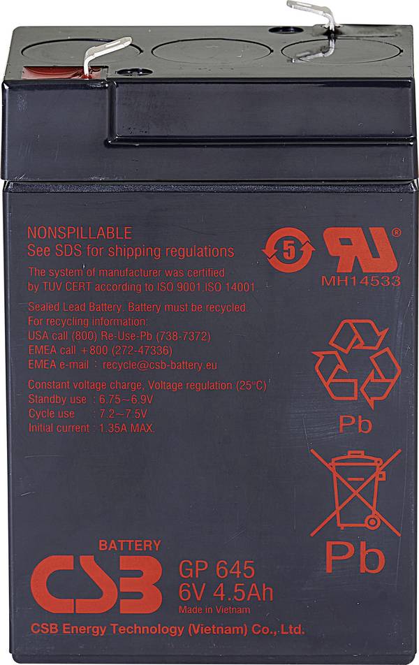 CSB Battery GP 645 Standby USV GP645F1 olovený akumulátor 6 V 4.5 Ah olovený so skleneným rúnom (š x v x h) 70 x 107 x 48 mm plochý konektor 4,8 mm bezúdržbová, nebadateľné vybíjanie