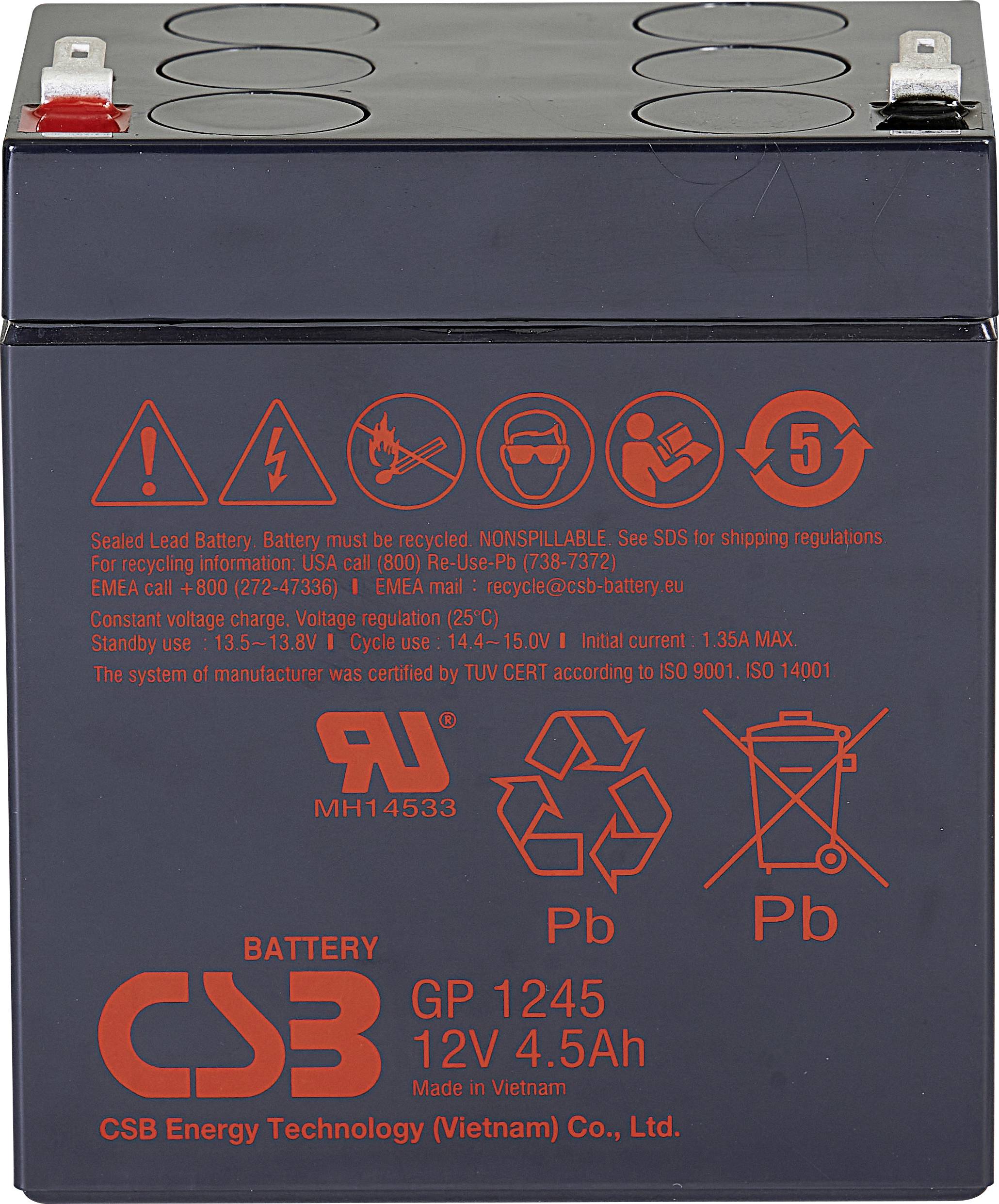 Čierna batéria s červeným nápisom: CSB GP 1245, 12V, 4.5Ah. Bezpečnostné a recyklačné pokyny, výrobné detaily dole.