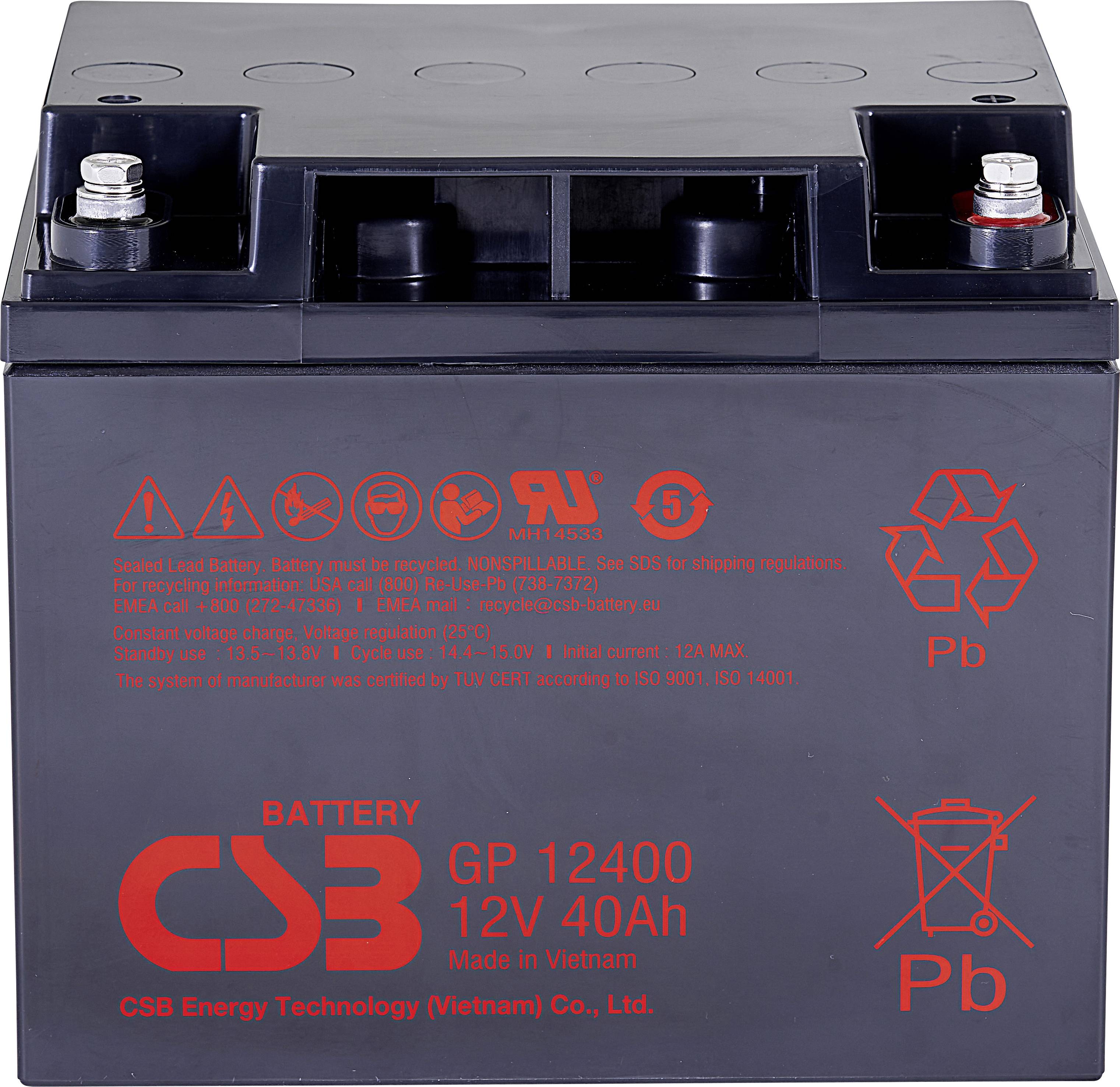 Oloveno-kyselinová batéria, model GP 12400, 12V 40Ah, vyrobená vo Vietname; čierny kryt s červenými výstražnými symbolmi a logom značky.