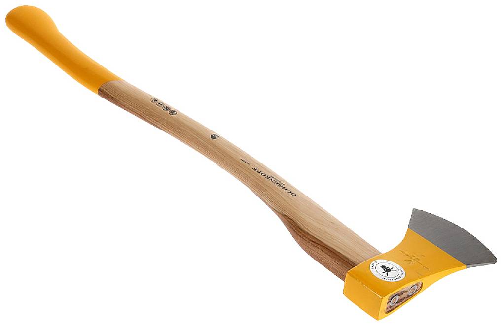 Veľká, oranžová sekera s ergonomickou drevenou rukoväťou, špeciálne navrhnutá na štiepanie dreva. Firemné logo na čepeli.