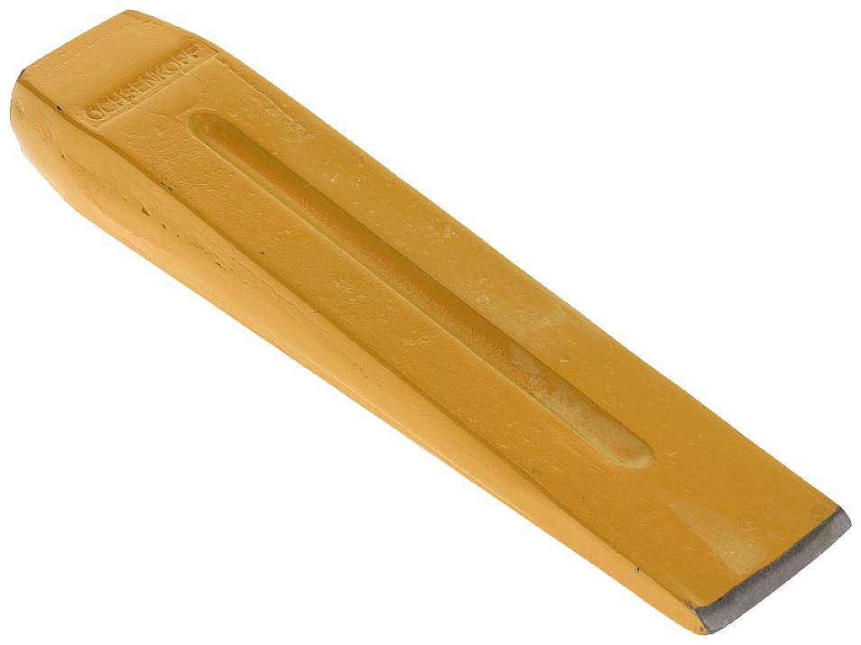 Žltý štiepací klin z ocele, používaný na štiepanie dreva.
