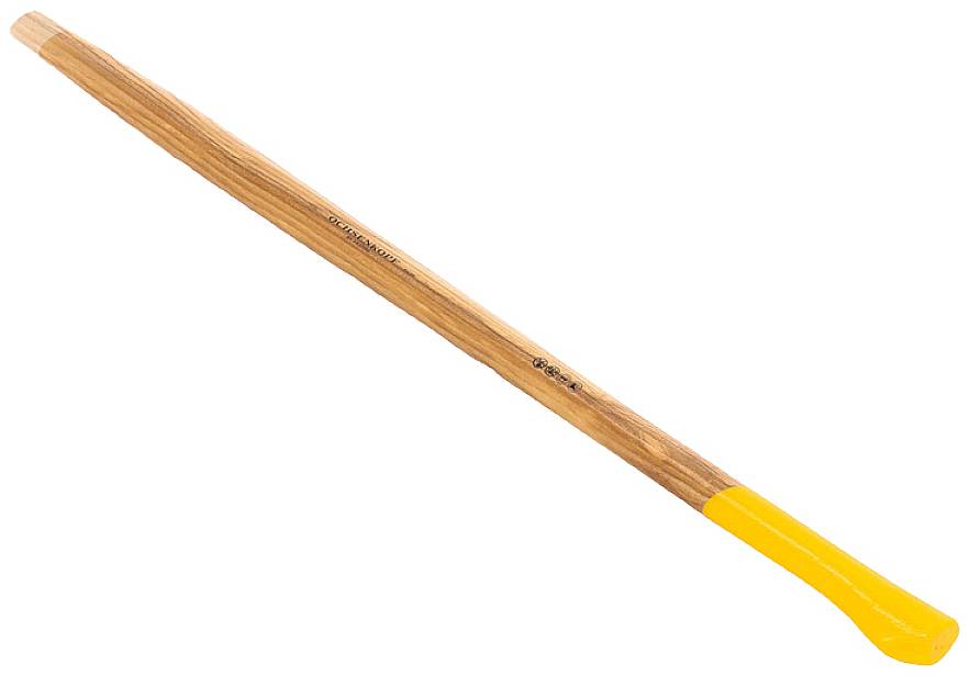 Drevená rukoväť s žltým plastovým zakončením, vhodná pre záhradné náradie alebo nástroje.