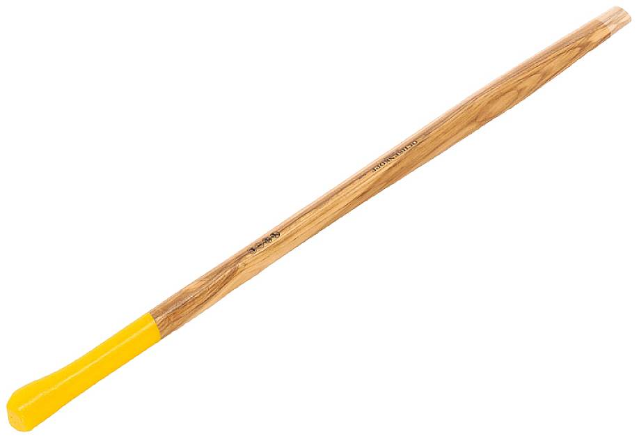 Dlhá drevená palica s žltým koncom na uchopenie, hladká a štíhla, na bielom pozadí.
