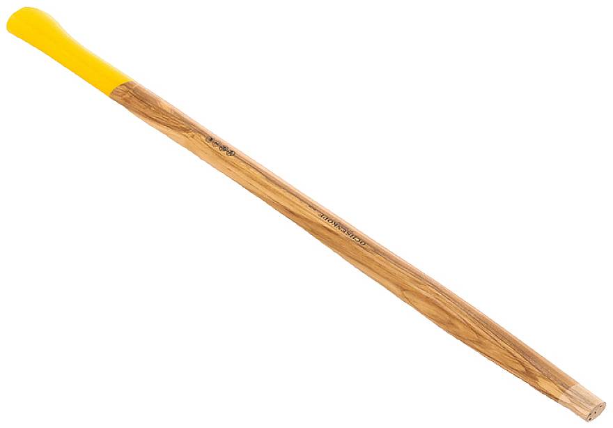 Drevená rukoväť metly so žltou plastovou rukojeťou.