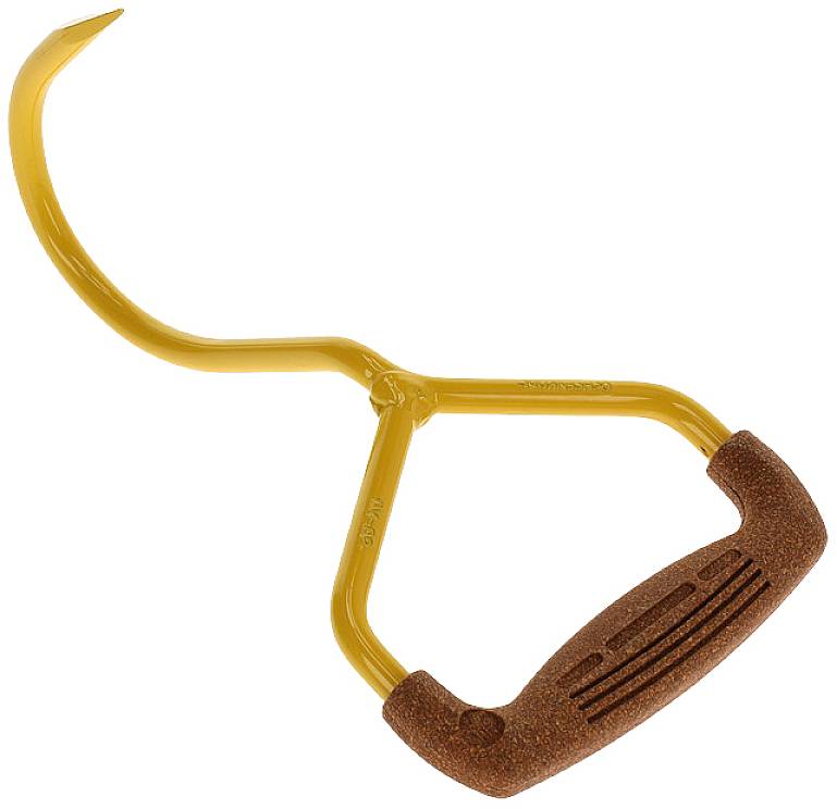 Žltý ručný hák s ohnutým kovovým hákom a ergonomickou rukoväťou. Bežne sa používa na zdvíhanie ťažkých predmetov.