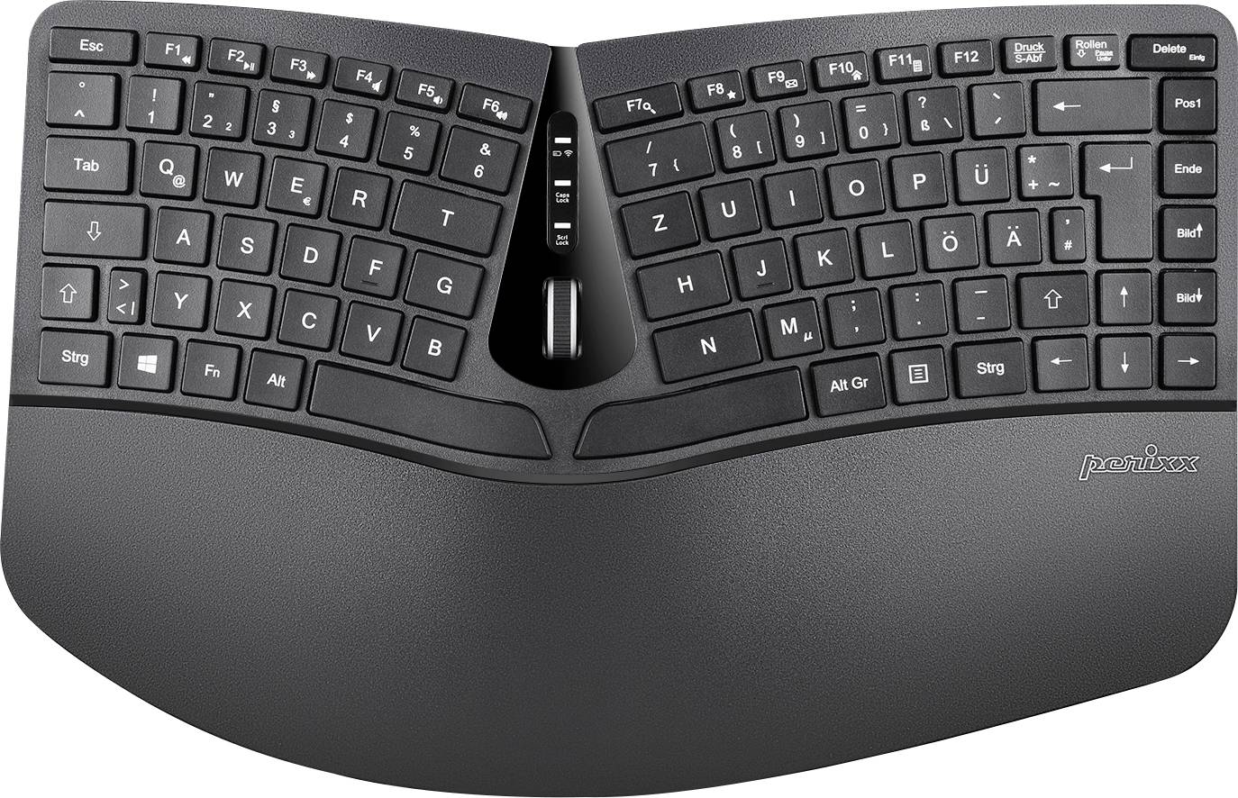 Ergonomická klávesnica zhora: rozdelený dizajn so zakrivený mi klávesnicovými poľami a opierkou zápästia pre pohodlné písanie.