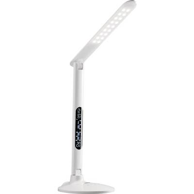 Biela LED stolná lampa s flexibilným ramenom. Integrovaný digitálny displej na podstavci zobrazuje čas, dátum a teplotu.