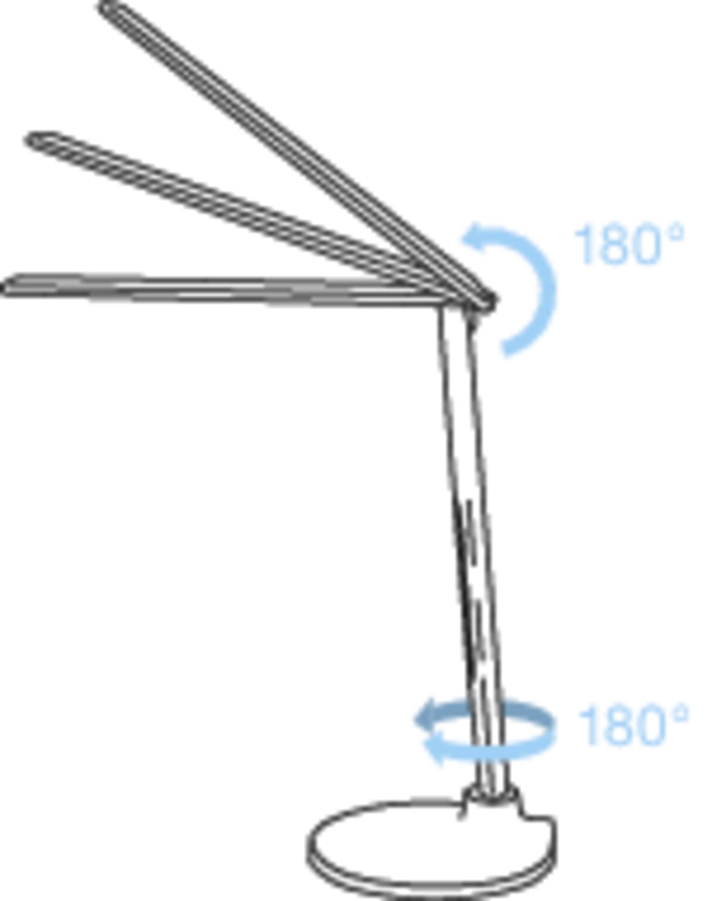Stolová lampa s rotujúcim ramenom ukazuje dve 180-stupňové rotačné pohyby, jeden na ramene a jeden na podstavci.
