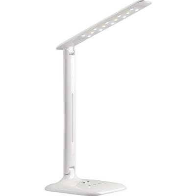 Štíhla biela LED stolná lampa s nastaviteľným ramenom, vhodná pre moderné kancelárske alebo domáce pracovisko.