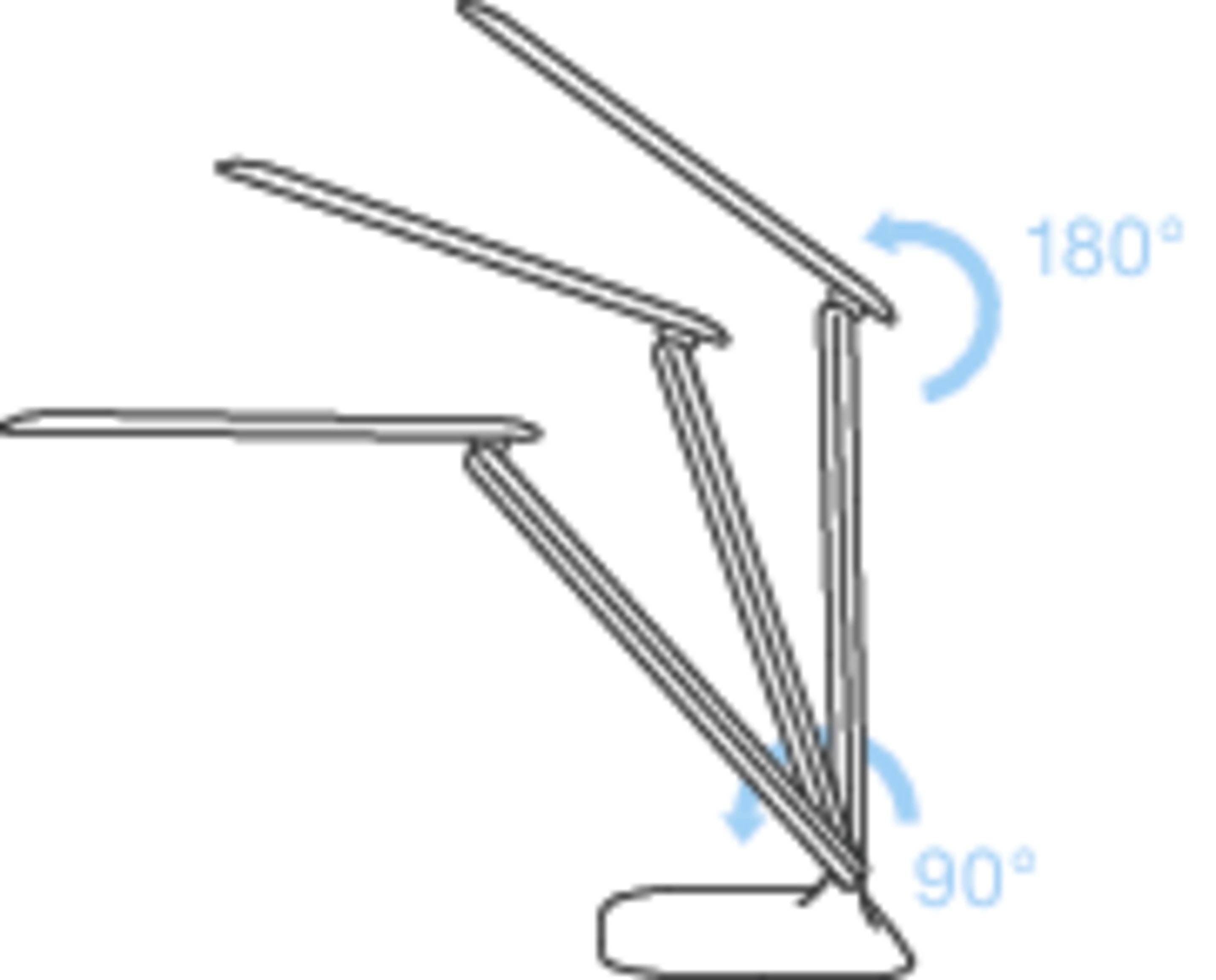 Stolová lampa s nastaviteľným ramenom, ktoré je znázornené v troch polohách: 180° smerom nahor, v uhle približne 135° a 90° smerom nadol.