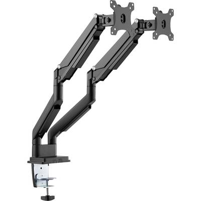 Dva čierne držiaky monitora s flexibilnými ramenami a svorkami na stôl, ktoré podporujú VESA uchytenia a sú vhodné pre duálne monitor setups.