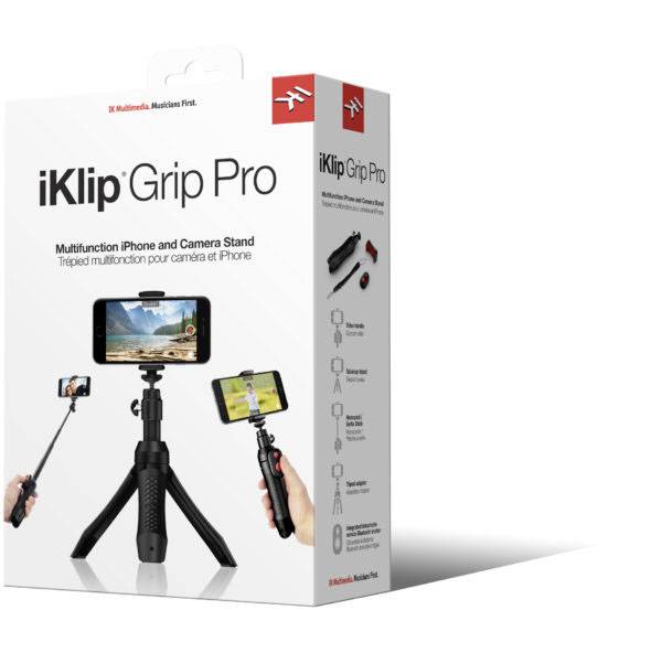 Balenie iKlip Grip Pro, multifunkčného statívu pre iPhone a kamery, zobrazené so smartfónom a príslušenstvom.